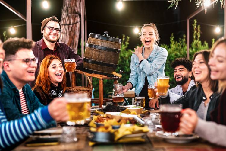 Friends outside at a bar in the mountains